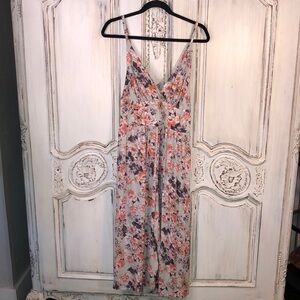 Betsy Johnson Soft Green And Peach Floral Spaghetti Strap Waisted Jumpsuit